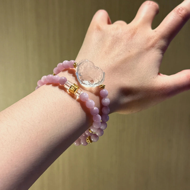 Kunzite & Clear Quartz Heart‑Shaped Fox Bracelet - Shield From Negative Energies