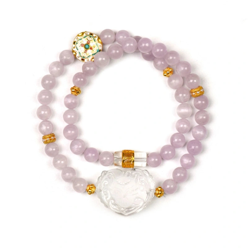 Kunzite & Clear Quartz Heart‑Shaped Fox Bracelet - Shield From Negative Energies