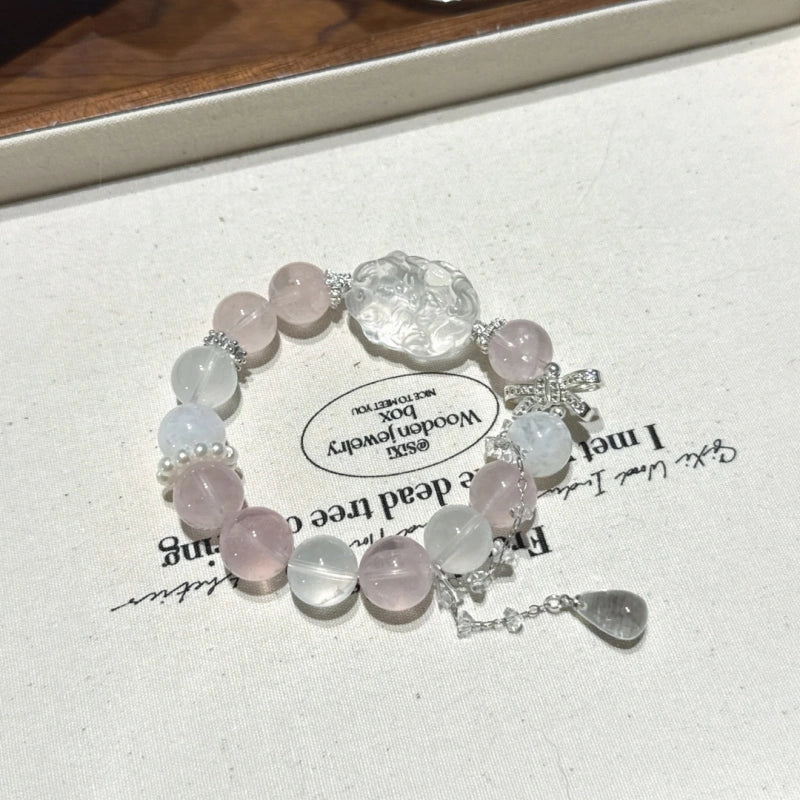 Rose Quartz & Clear Crystal Nine‑Tailed Fox Bracelet - Wisdom and Magnetism