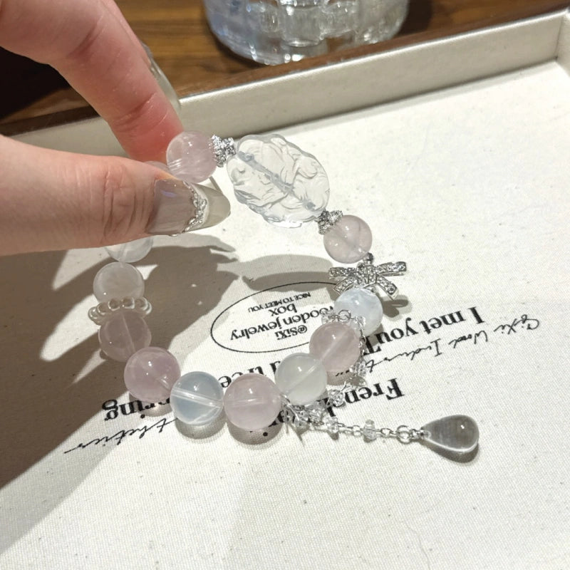 Rose Quartz & Clear Crystal Nine‑Tailed Fox Bracelet - Wisdom and Magnetism