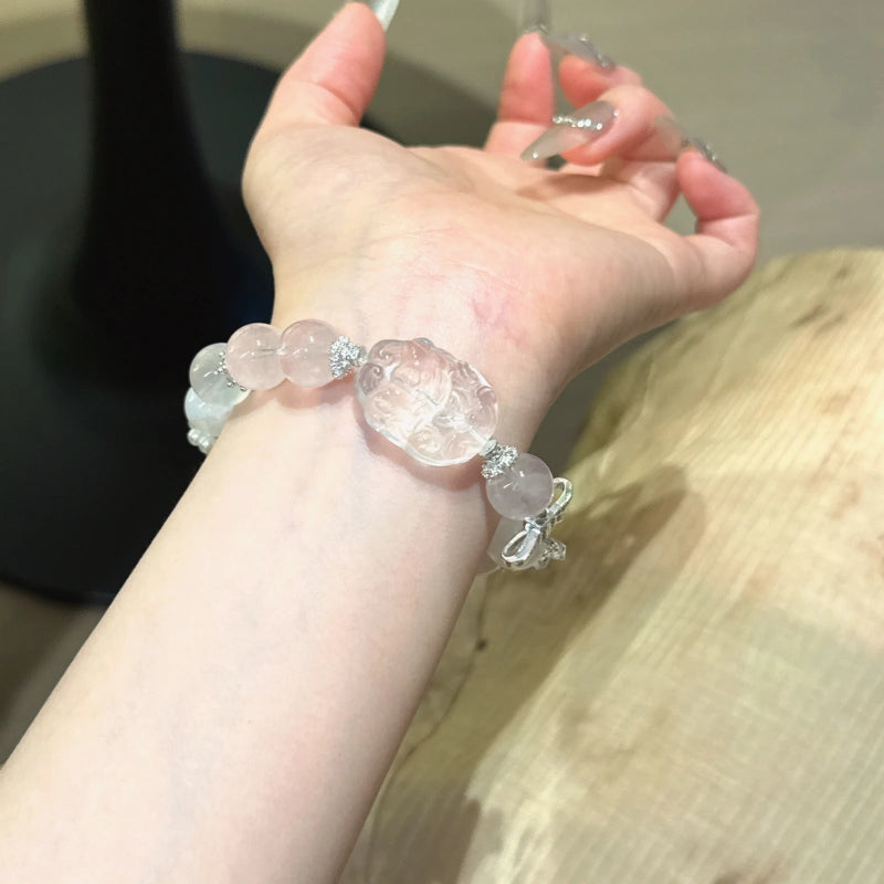 Rose Quartz & Clear Crystal Nine‑Tailed Fox Bracelet - Wisdom and Magnetism