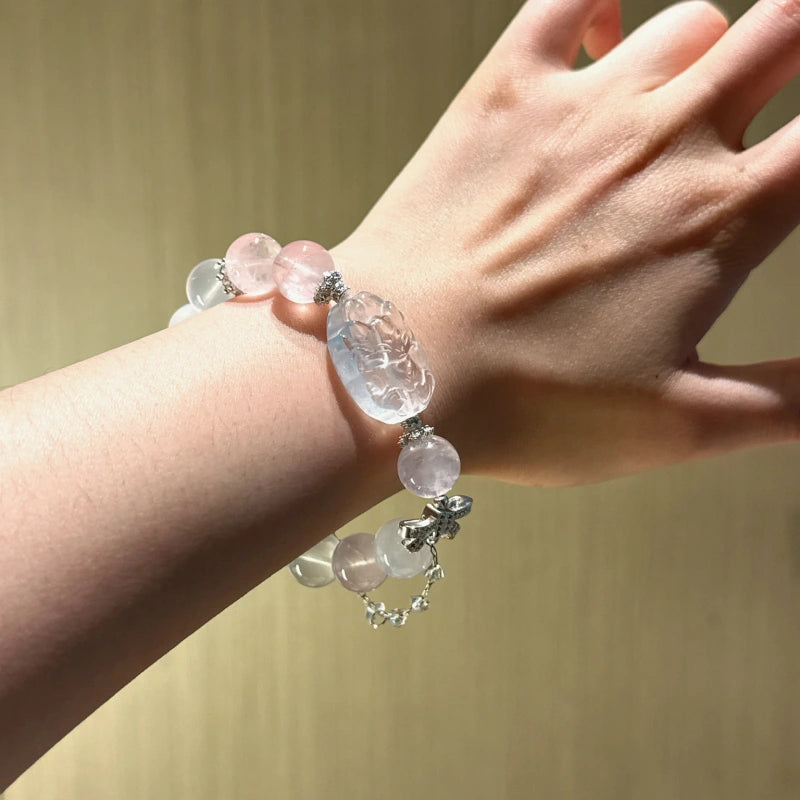 Rose Quartz & Clear Crystal Nine‑Tailed Fox Bracelet - Wisdom and Magnetism