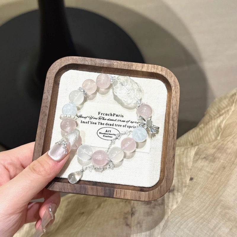Rose Quartz & Clear Crystal Nine‑Tailed Fox Bracelet - Wisdom and Magnetism