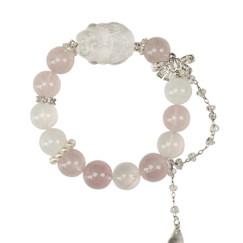 Rose Quartz & Clear Crystal Nine‑Tailed Fox Bracelet - Wisdom and Magnetism
