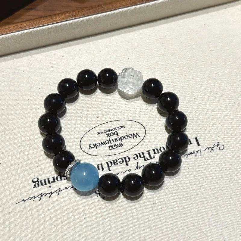 Obsidian & Aquamarine Guardian Lion Bracelet - Emotional Stability