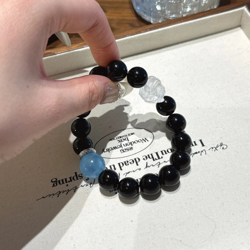 Obsidian & Aquamarine Guardian Lion Bracelet - Emotional Stability