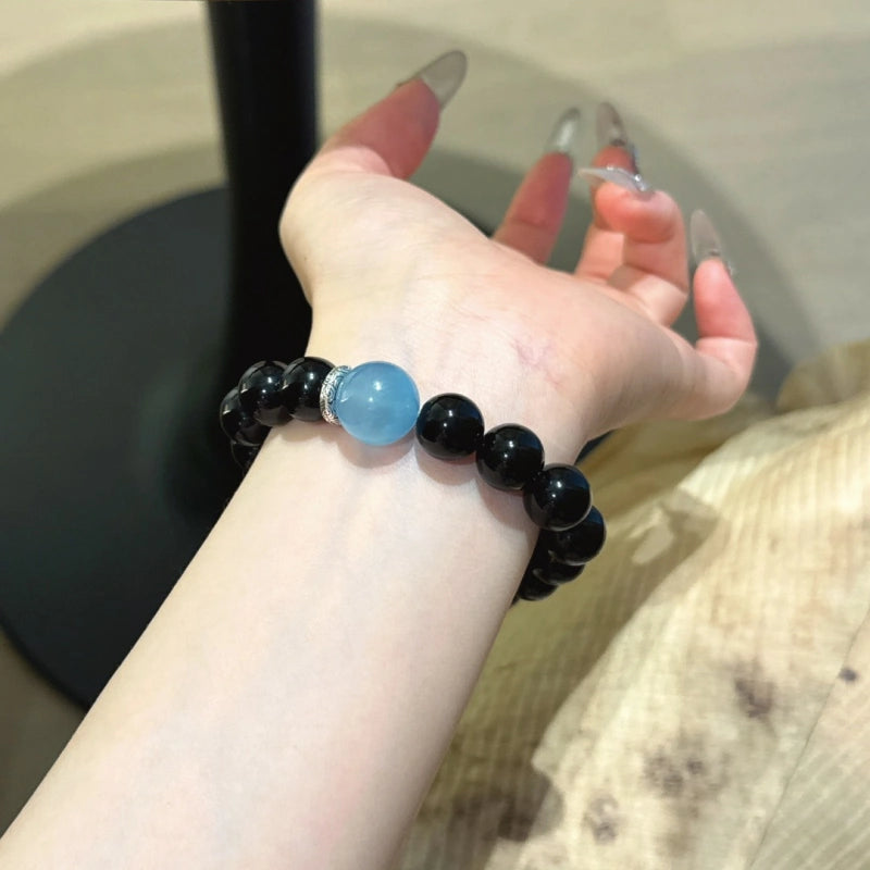 Obsidian & Aquamarine Guardian Lion Bracelet - Emotional Stability