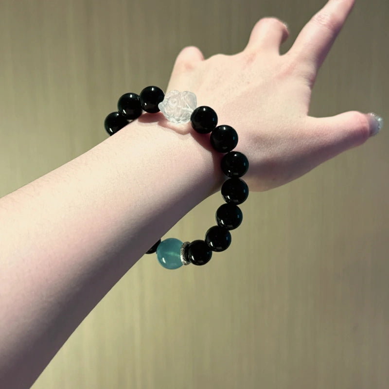 Obsidian & Aquamarine Guardian Lion Bracelet - Emotional Stability