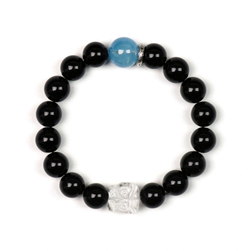 Obsidian & Aquamarine Guardian Lion Bracelet - Emotional Stability