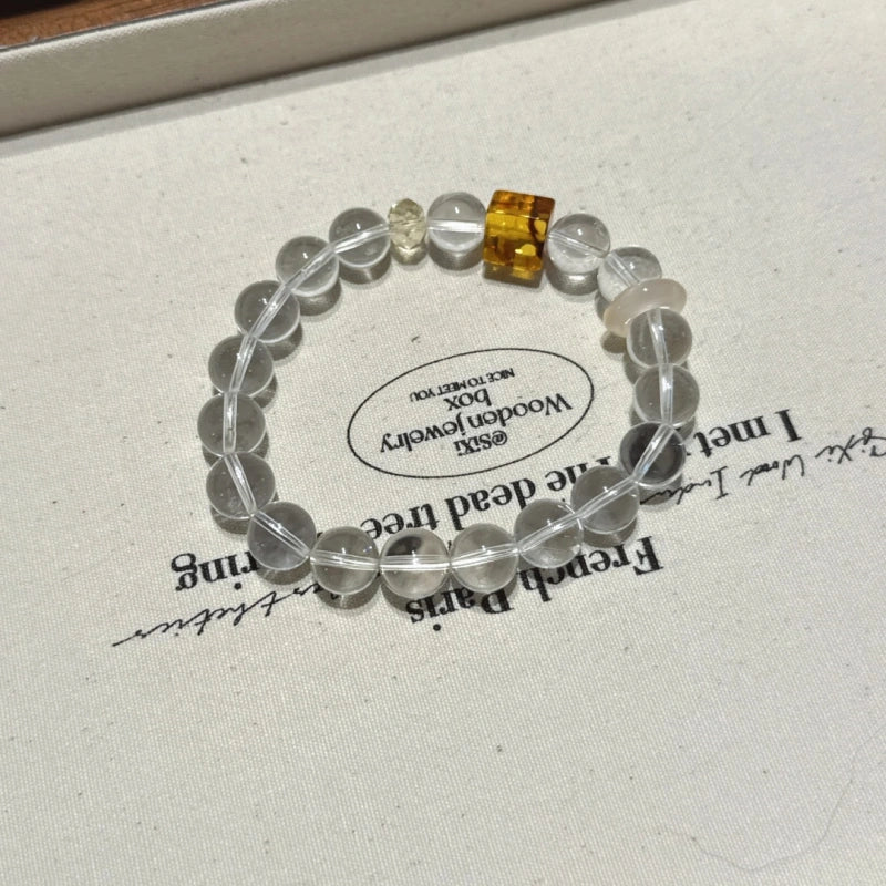 White Crystal & Floral Amber Bracelet - Encourages Wealth Flow