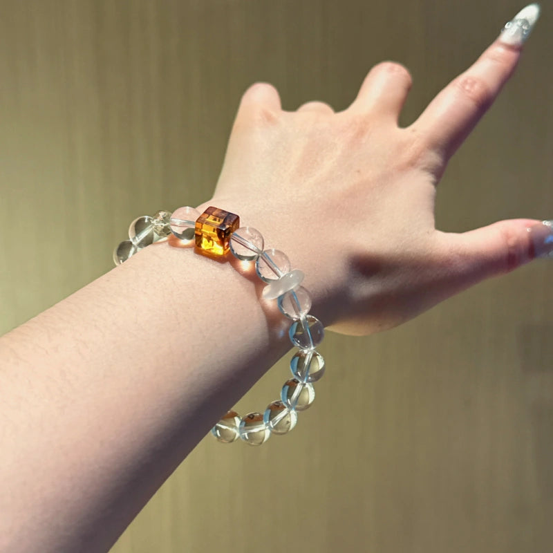 White Crystal & Floral Amber Bracelet - Encourages Wealth Flow