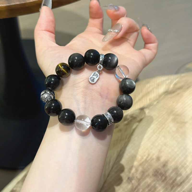 Silver Obsidian, Clear Quartz & Tiger’s Eye Bracelet - Goal Focus