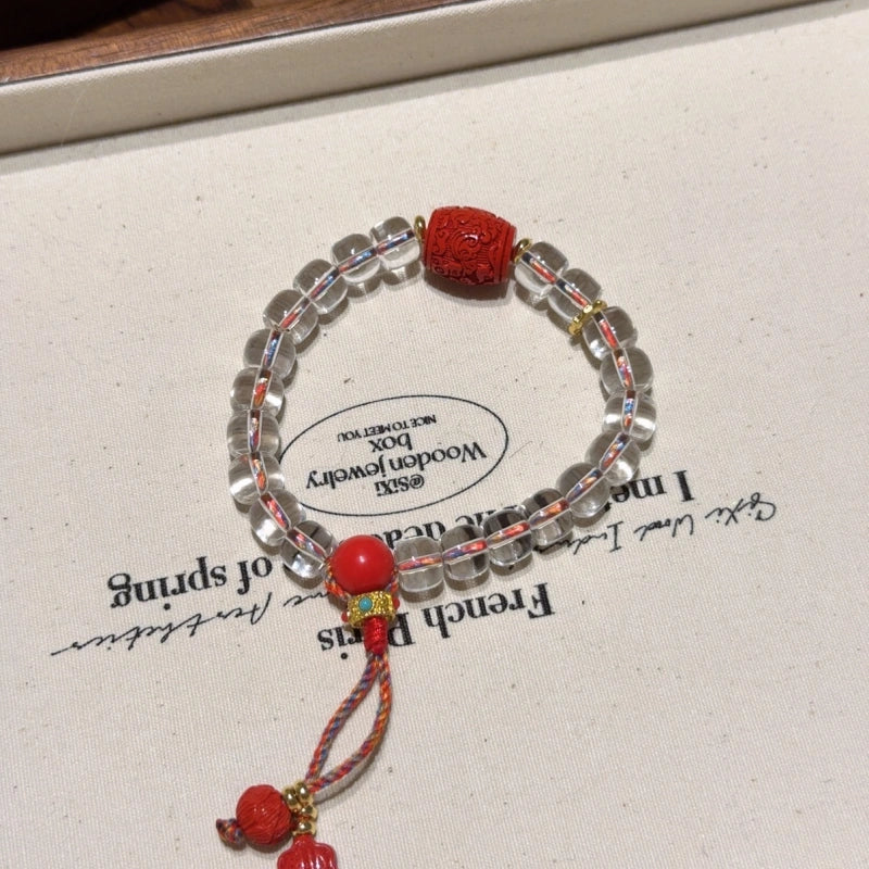 Clear Quartz & Cinnabar Barrel‑Bead Bracelet - Purify Aura