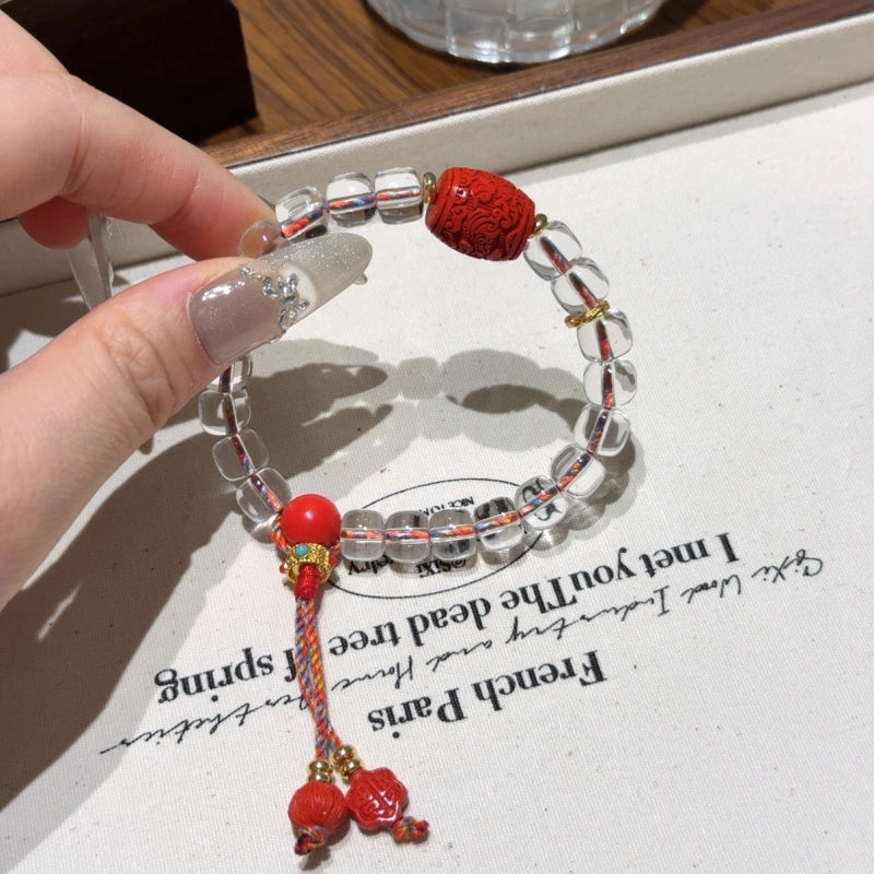 Clear Quartz & Cinnabar Barrel‑Bead Bracelet - Purify Aura