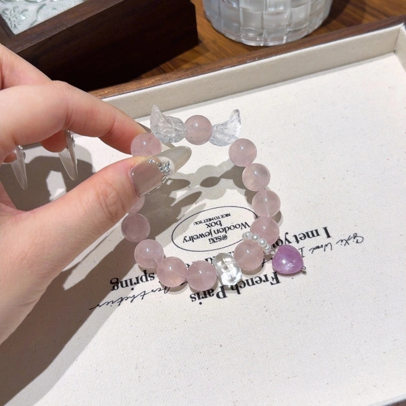Rose Quartz with Angel‑Wing Clear Quartz Bracelet - Release Negative Energy