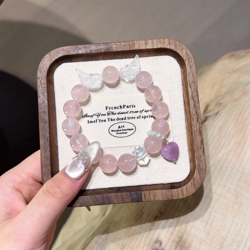 Rose Quartz with Angel‑Wing Clear Quartz Bracelet - Release Negative Energy