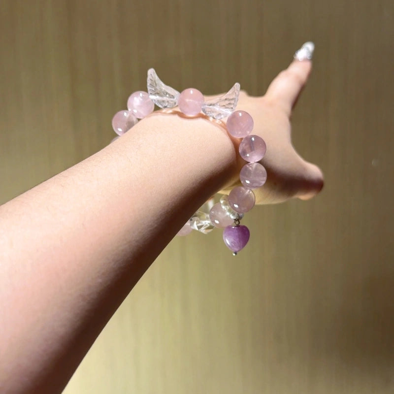 Rose Quartz with Angel‑Wing Clear Quartz Bracelet - Release Negative Energy