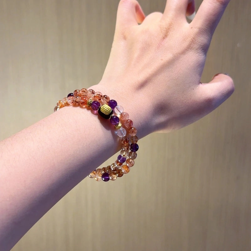 Black‑Gold Rutilated Quartz & Amethyst Multi‑Loop Bracelet-Business Opportunities