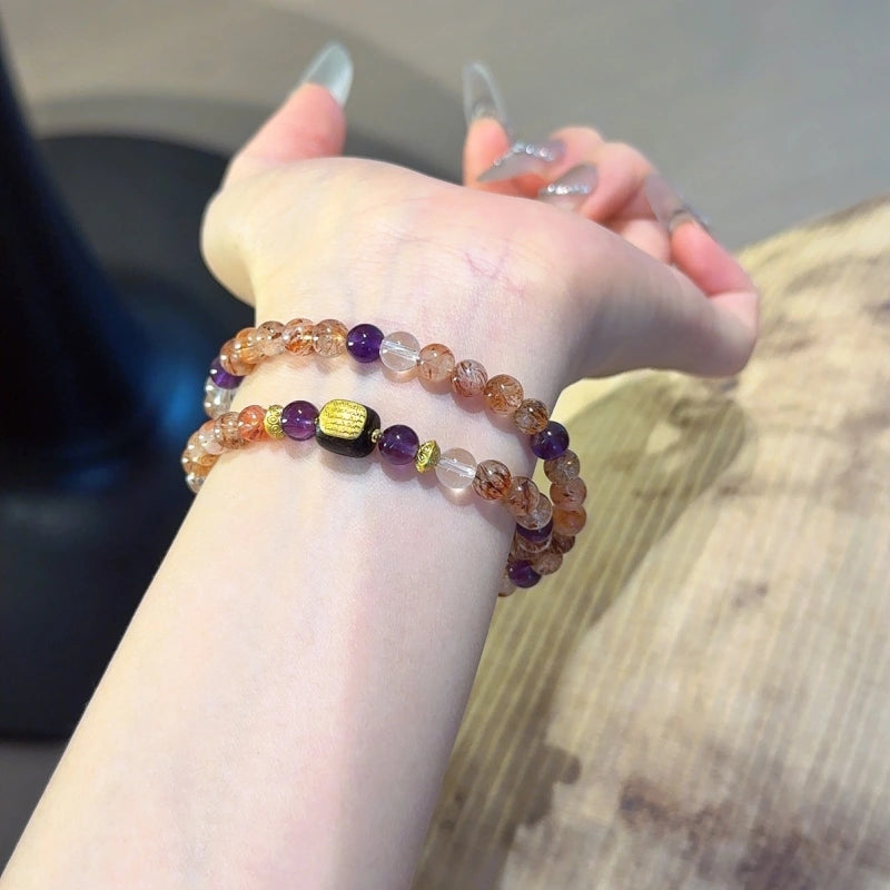 Black‑Gold Rutilated Quartz & Amethyst Multi‑Loop Bracelet-Business Opportunities
