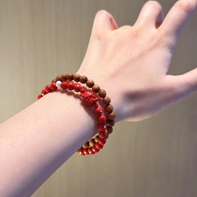 Cinnabar & Old‑Sandalwood Multi‑Loop Bracelet-Inner Balance