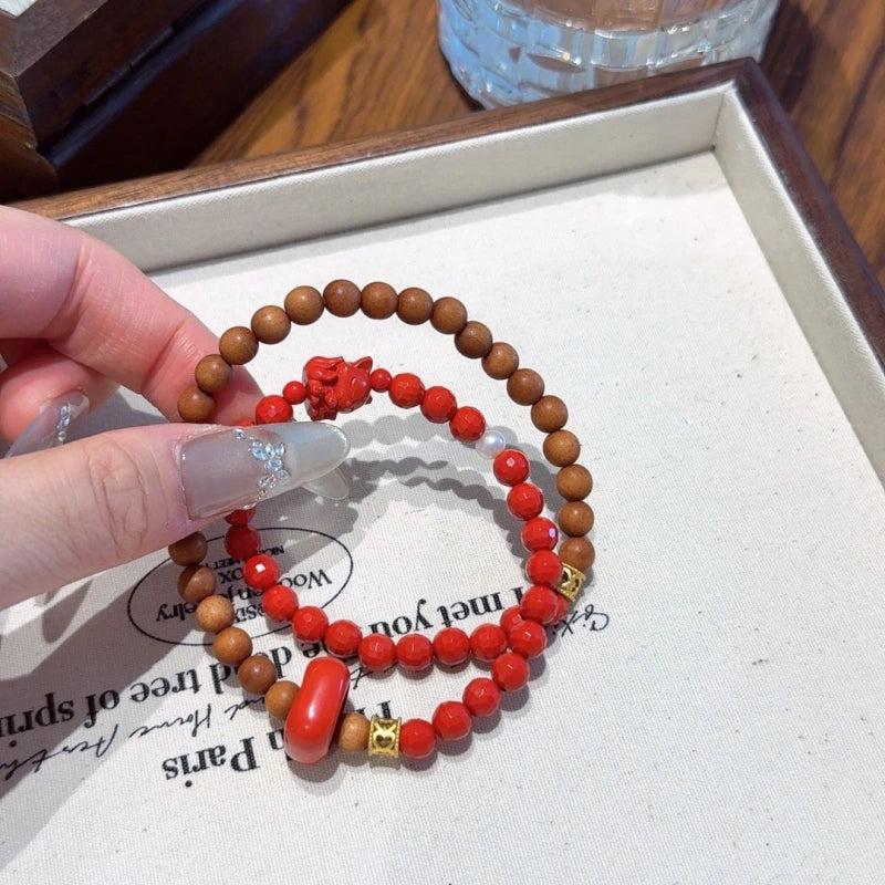 Cinnabar & Old‑Sandalwood Multi‑Loop Bracelet-Inner Balance