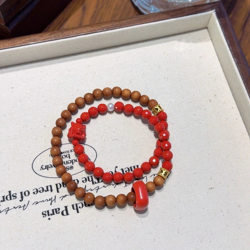 Cinnabar & Old‑Sandalwood Multi‑Loop Bracelet-Inner Balance