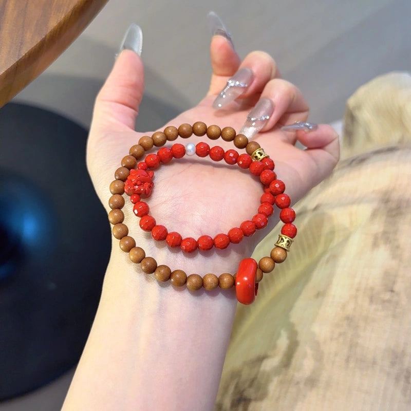 Cinnabar & Old‑Sandalwood Multi‑Loop Bracelet-Inner Balance