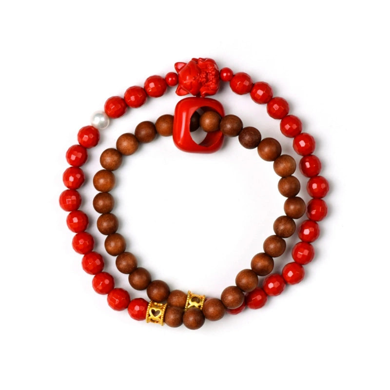 Cinnabar & Old‑Sandalwood Multi‑Loop Bracelet-Inner Balance