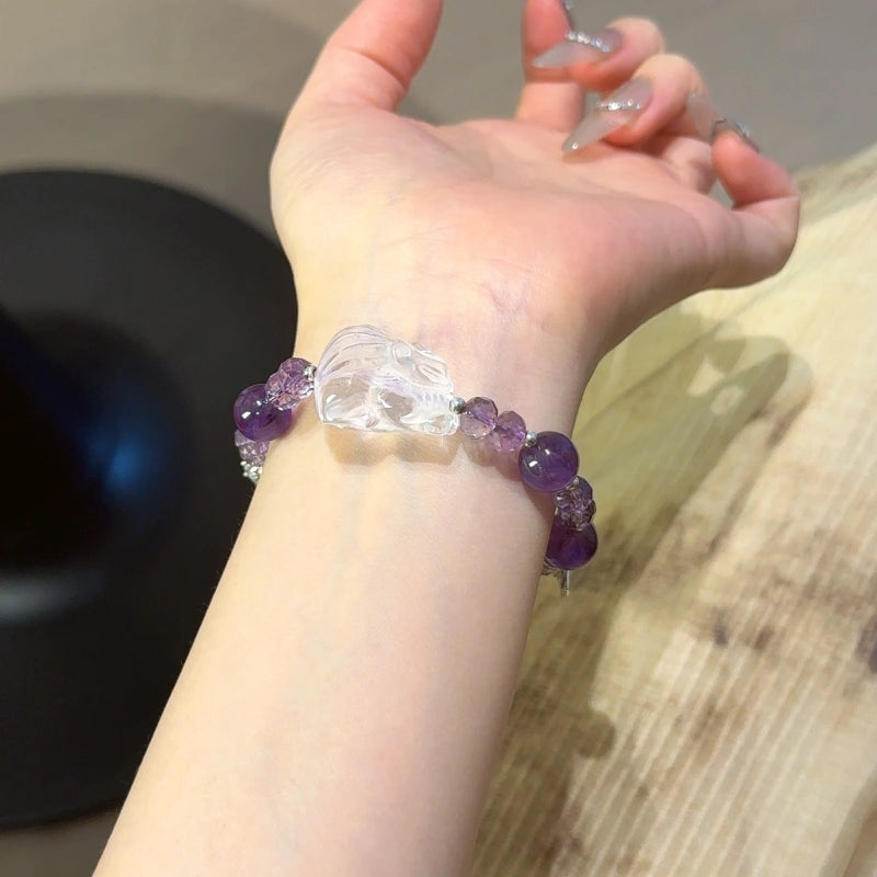 Amethyst & Clear Quartz Fox Bracelet - Boost Wisdom & Memory