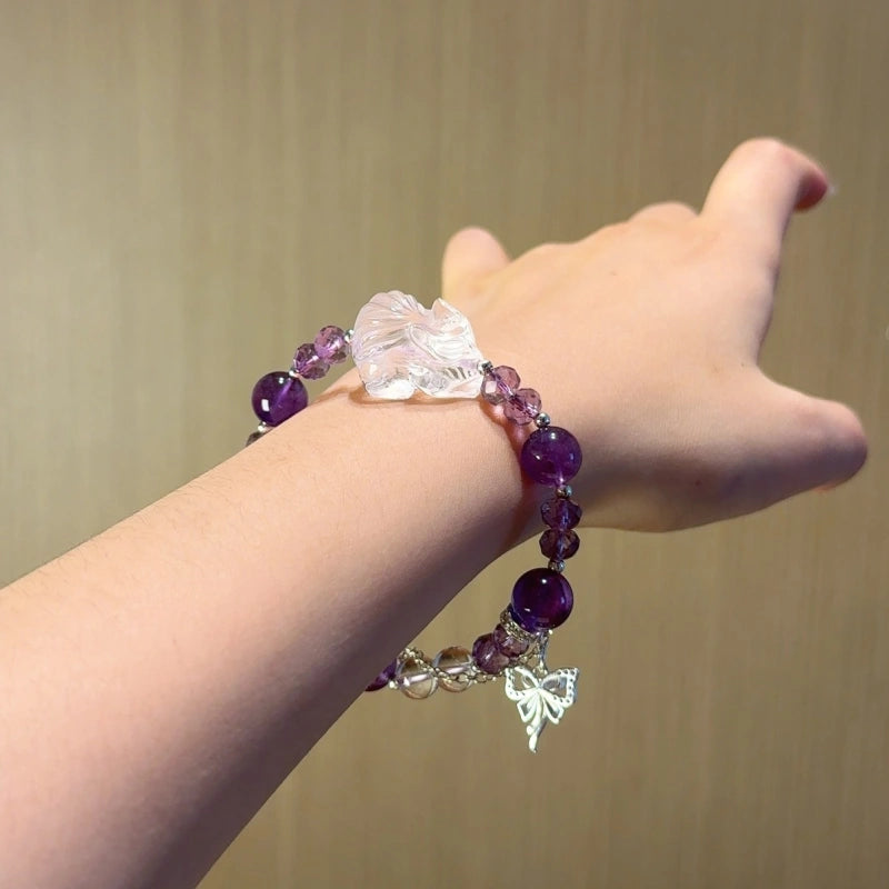 Amethyst & Clear Quartz Fox Bracelet - Boost Wisdom & Memory