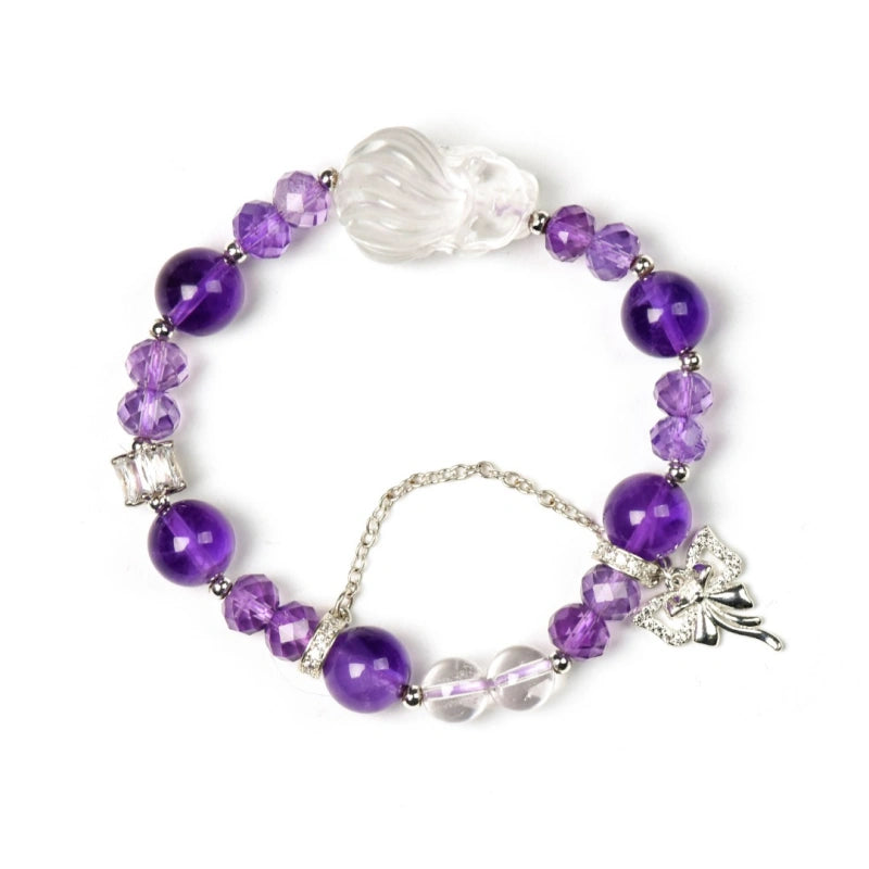 Amethyst & Clear Quartz Fox Bracelet - Boost Wisdom & Memory