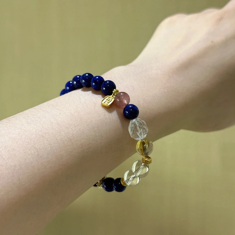 Lapis Lazuli, Clear Quartz & Strawberry Quartz Bracelet - Boost Fortune