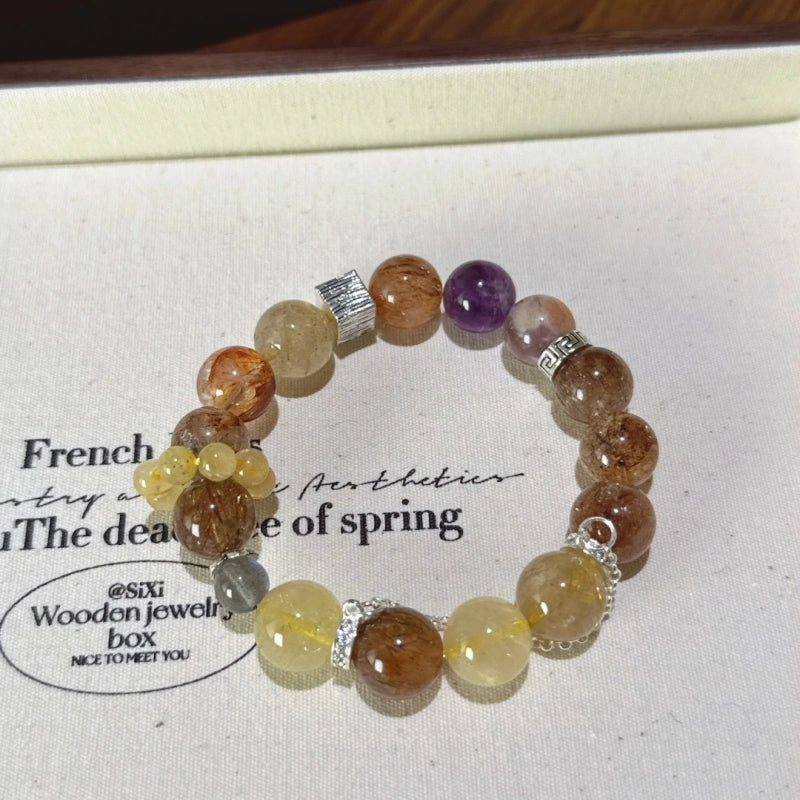 Purple Phantom Golden Rutilated Quartz & Grey Moonstone Bracelet - Attract Wealth