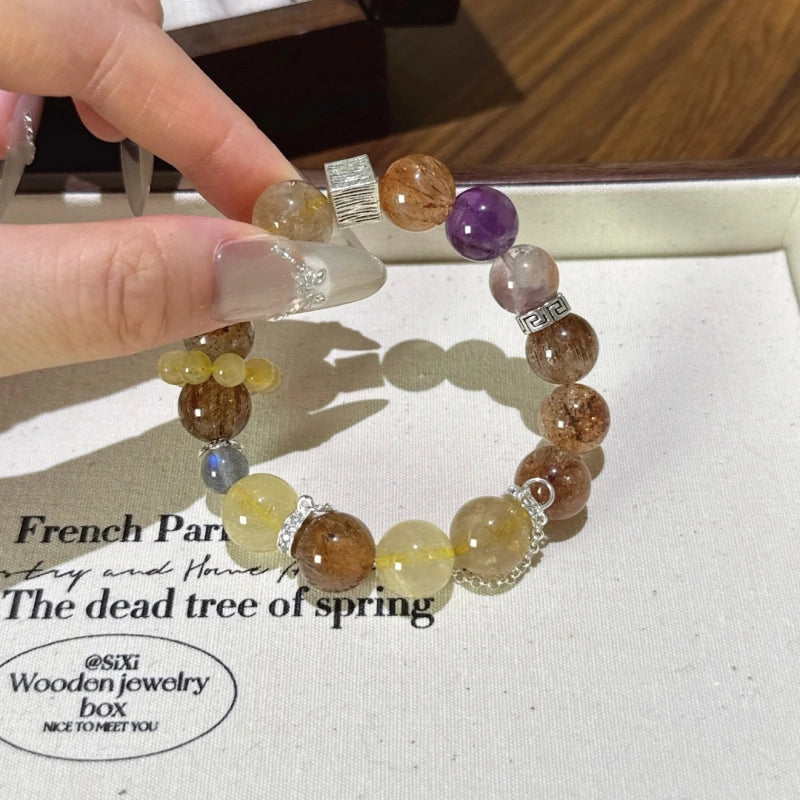 Purple Phantom Golden Rutilated Quartz & Grey Moonstone Bracelet - Attract Wealth