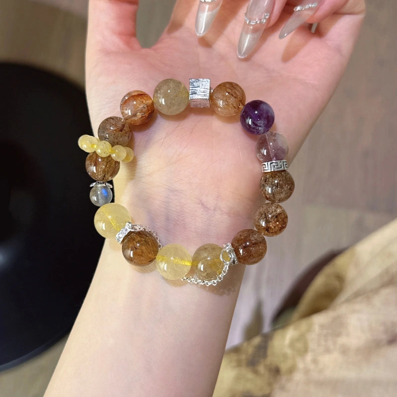 Purple Phantom Golden Rutilated Quartz & Grey Moonstone Bracelet - Attract Wealth