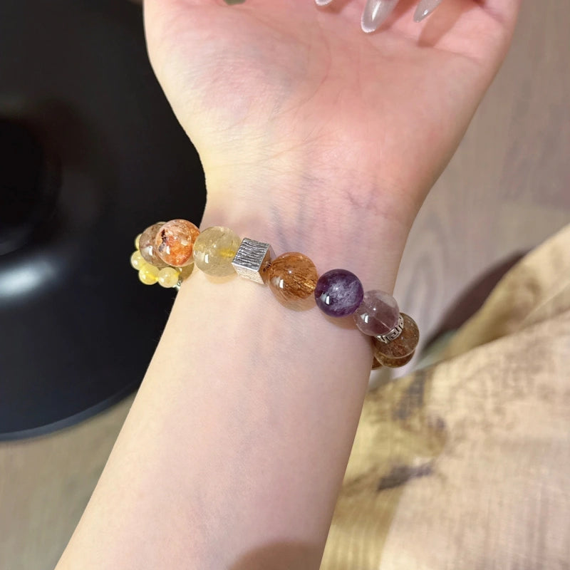 Purple Phantom Golden Rutilated Quartz & Grey Moonstone Bracelet - Attract Wealth