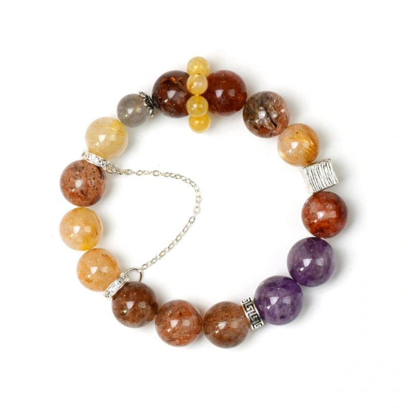 Purple Phantom Golden Rutilated Quartz & Grey Moonstone Bracelet - Attract Wealth