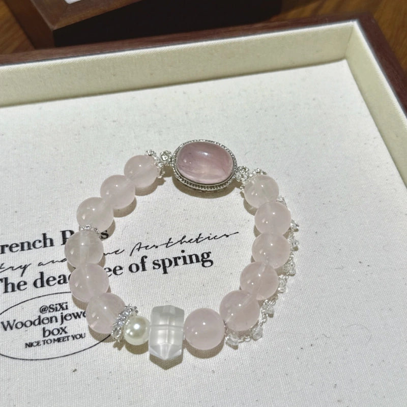 Rose Quartz Box‑Shaped & Double‑Terminated Clear Quartz Bracelet - Relationship Healing