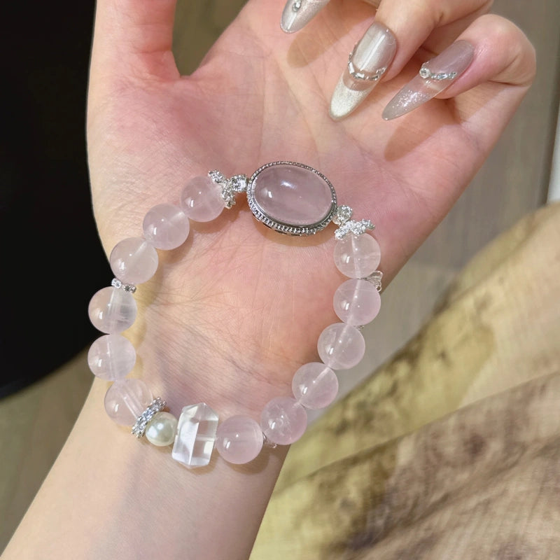 Rose Quartz Box‑Shaped & Double‑Terminated Clear Quartz Bracelet - Relationship Healing