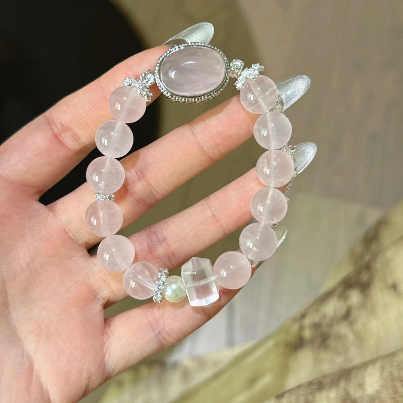 Rose Quartz Box‑Shaped & Double‑Terminated Clear Quartz Bracelet - Relationship Healing