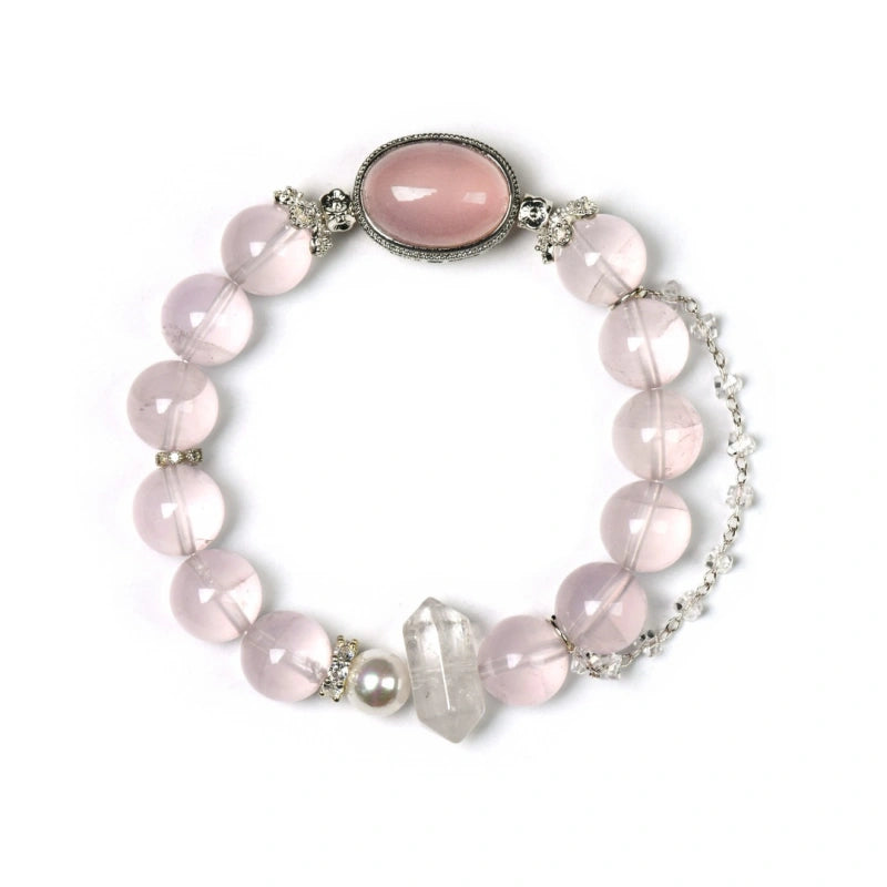 Rose Quartz Box‑Shaped & Double‑Terminated Clear Quartz Bracelet - Relationship Healing