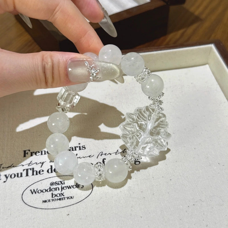 White Phantom Quartz & Clear Quartz Sugar‑Cube Nine‑Tailed Fox Bracelet