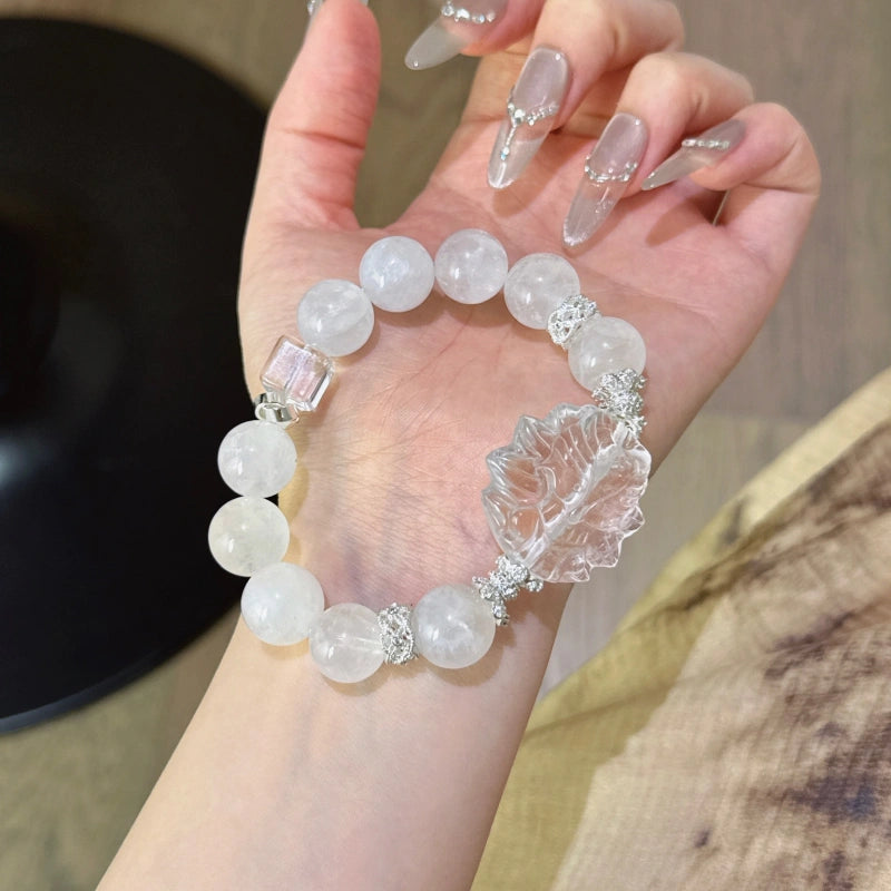 White Phantom Quartz & Clear Quartz Sugar‑Cube Nine‑Tailed Fox Bracelet