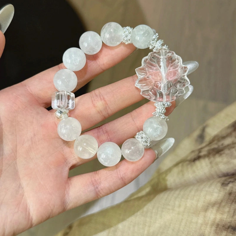 White Phantom Quartz & Clear Quartz Sugar‑Cube Nine‑Tailed Fox Bracelet