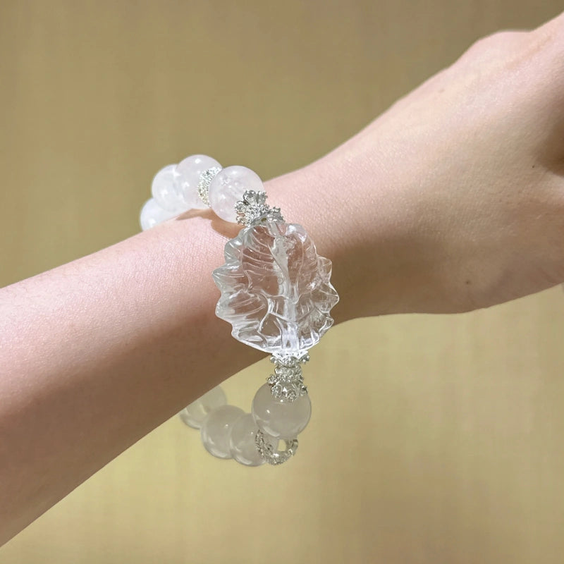 White Phantom Quartz & Clear Quartz Sugar‑Cube Nine‑Tailed Fox Bracelet