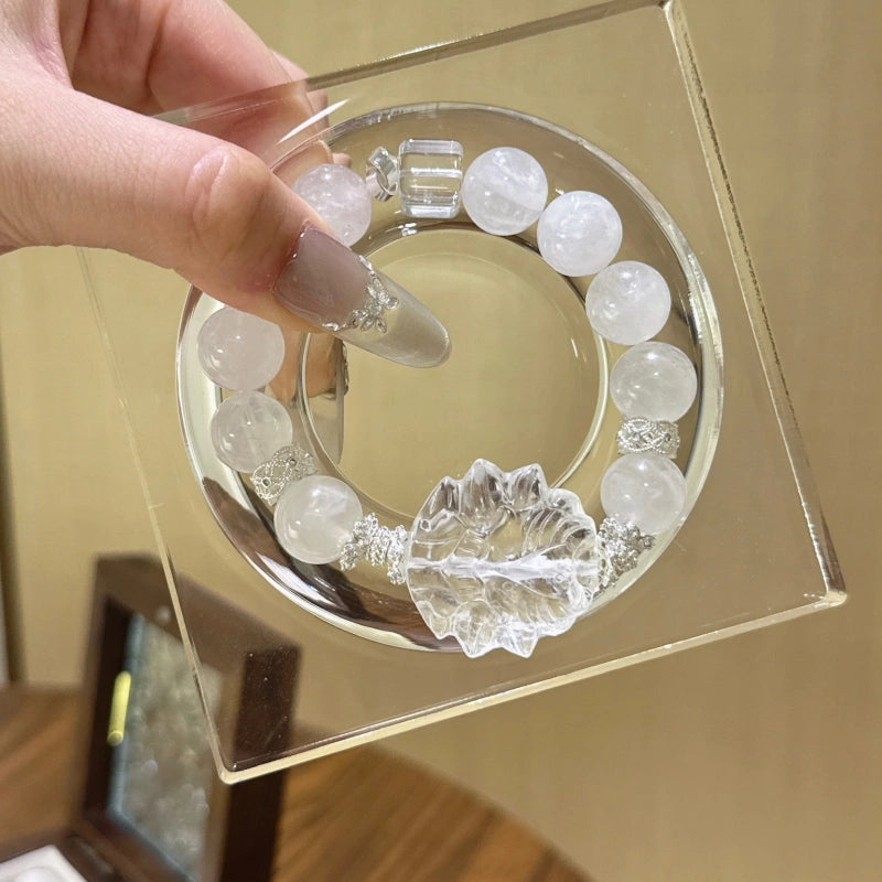 White Phantom Quartz & Clear Quartz Sugar‑Cube Nine‑Tailed Fox Bracelet