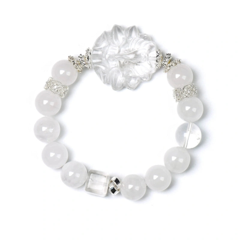 White Phantom Quartz & Clear Quartz Sugar‑Cube Nine‑Tailed Fox Bracelet