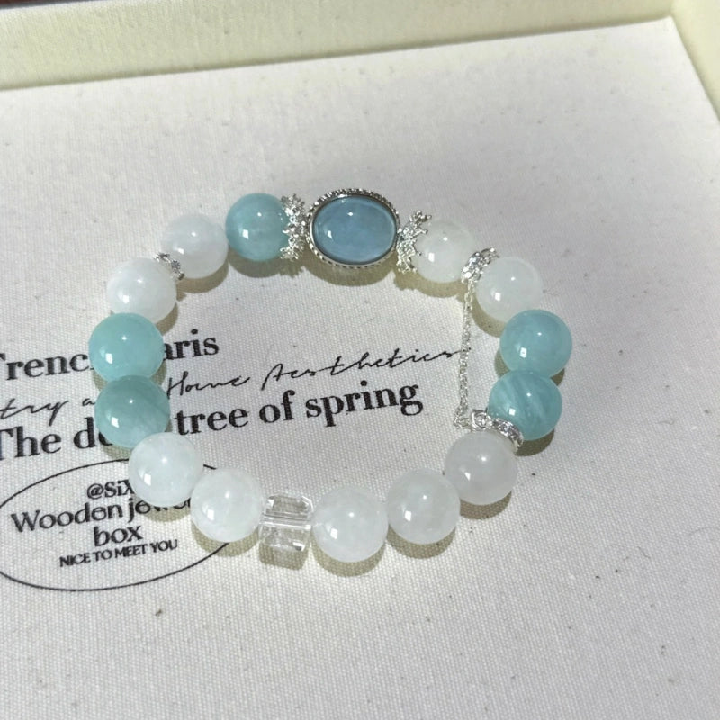 White Phantom Quartz & Aquamarine Box‑Shaped Bead Bracelet - Calm Emotions