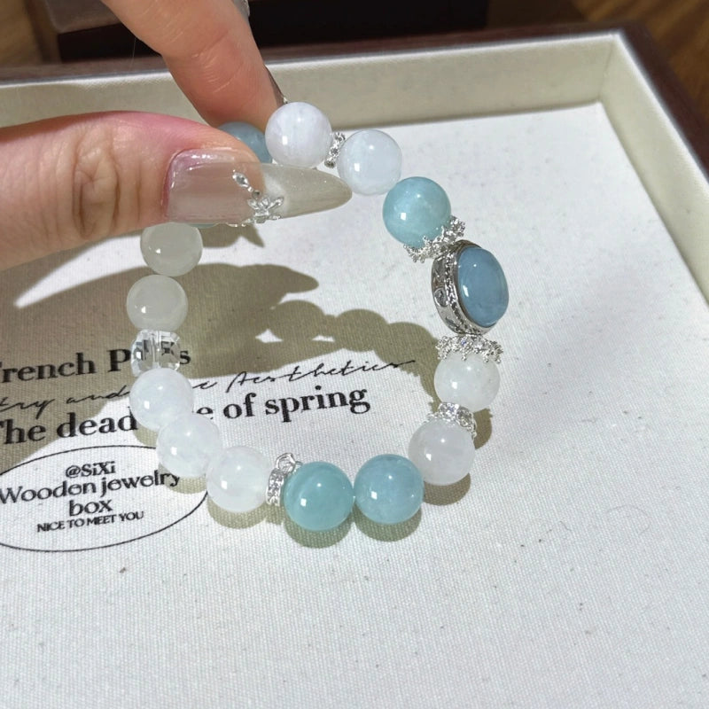 White Phantom Quartz & Aquamarine Box‑Shaped Bead Bracelet - Calm Emotions
