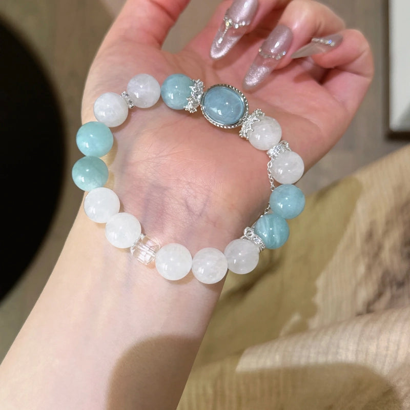 White Phantom Quartz & Aquamarine Box‑Shaped Bead Bracelet - Calm Emotions